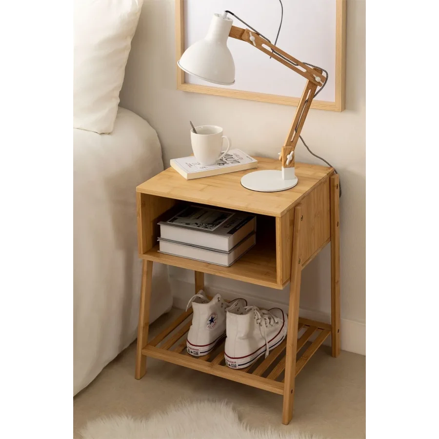 Izgara Raflı Dekoratif Açık Kahve Bambu Komodin 45x50x36 Cm