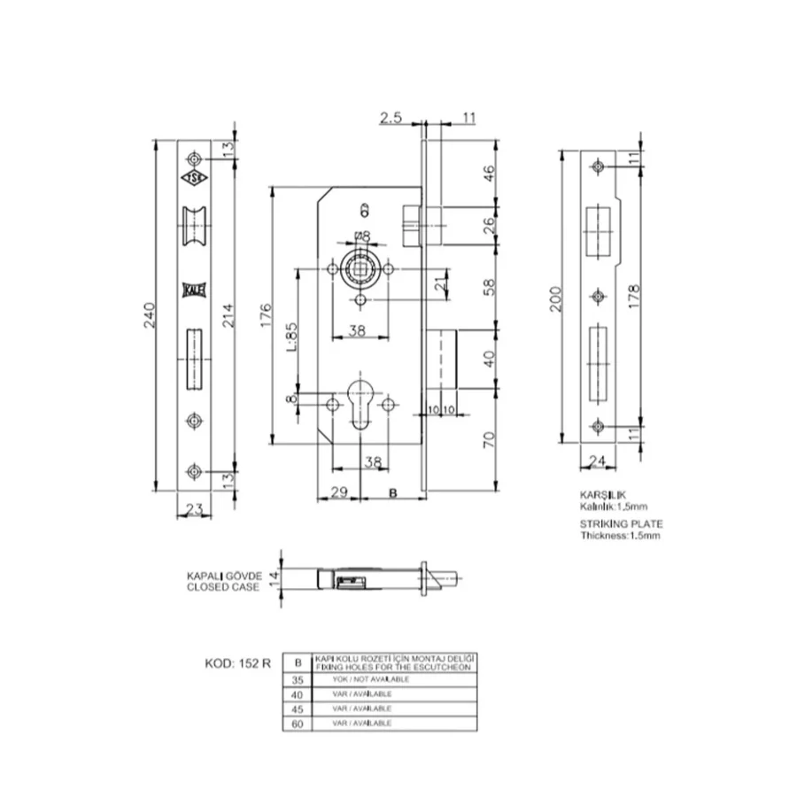 Kale 152R Silindirli Gömme Kilit Nikel 40 mm Göbek Dahil