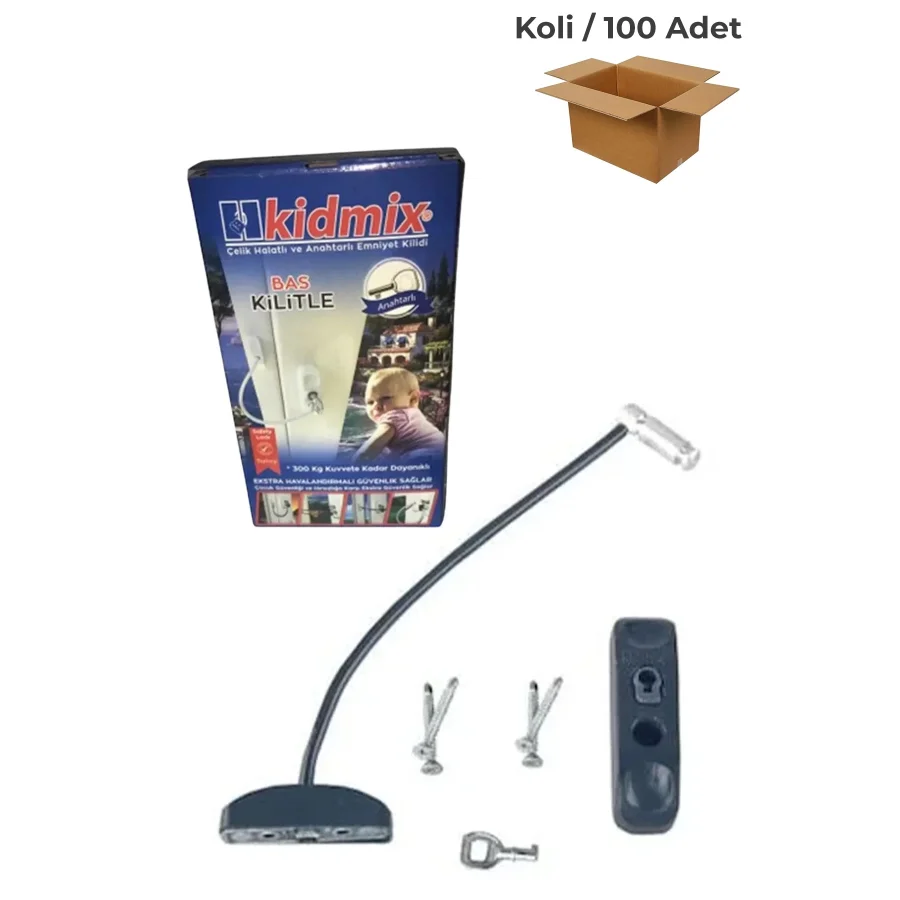 Kidmix Çelik Halatlı Pvc Pencere Emniyet Kilidi Antrasit Koli 100 Adet