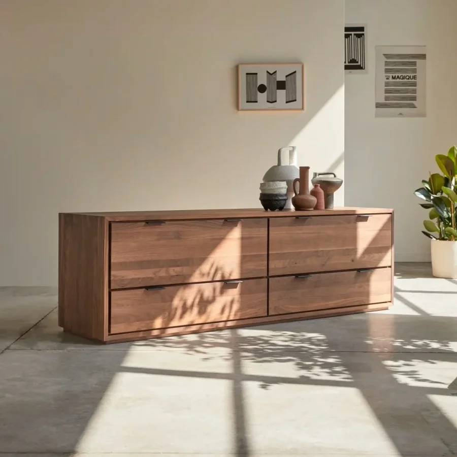 Koyu Ceviz Renk Dört Kapaklı Masif Ahşap Tv Ünitesi 160x55x40 Cm