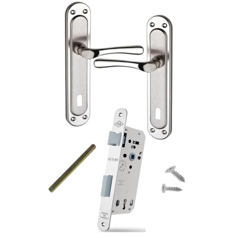 Kumru Nikel Saten ODA Kapı Kolu + Sessiz Döndürülebilir Dilli ODA Kilit 40-23 Mm Takım