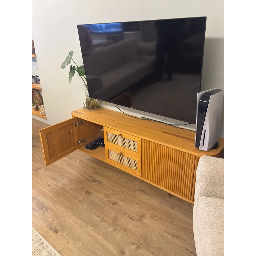 Loen Hazeran Detaylı Açık Ceviz Renk Masif Ahşap Tv Ünitesi 170x35x35 Cm