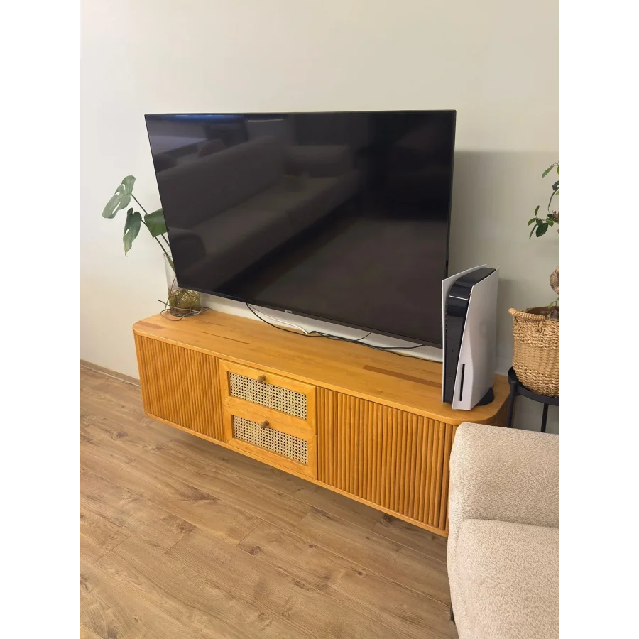 Loen Hazeran Detaylı Açık Ceviz Renk Masif Ahşap Tv Ünitesi 170x35x35 Cm