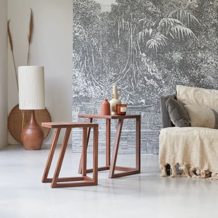 Lou Açık Ceviz Renk Basic Model Masif Ahşap Zigon Sehpa 2li 40x50x40 Cm