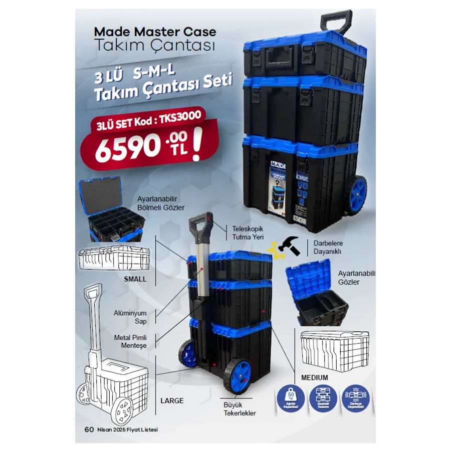 Made 3lü Tekerlekli Profesyonel Takım Çantası TKS3000