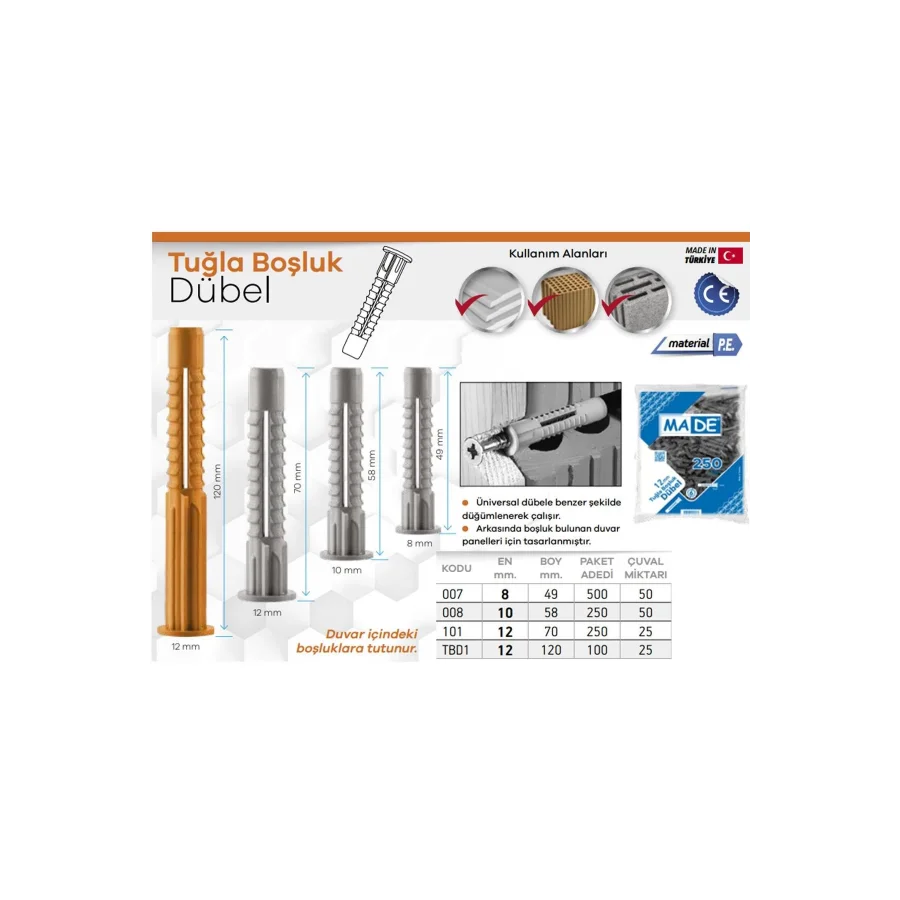 Made 8 Mm Tuğla Boşluk Dübeli Paket 500 Adet