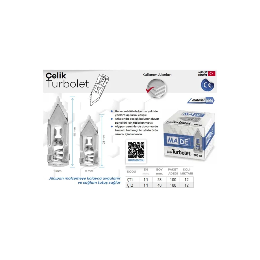 Made Çelik Turbolet Dübel 28 Mm Paket 100 Adet