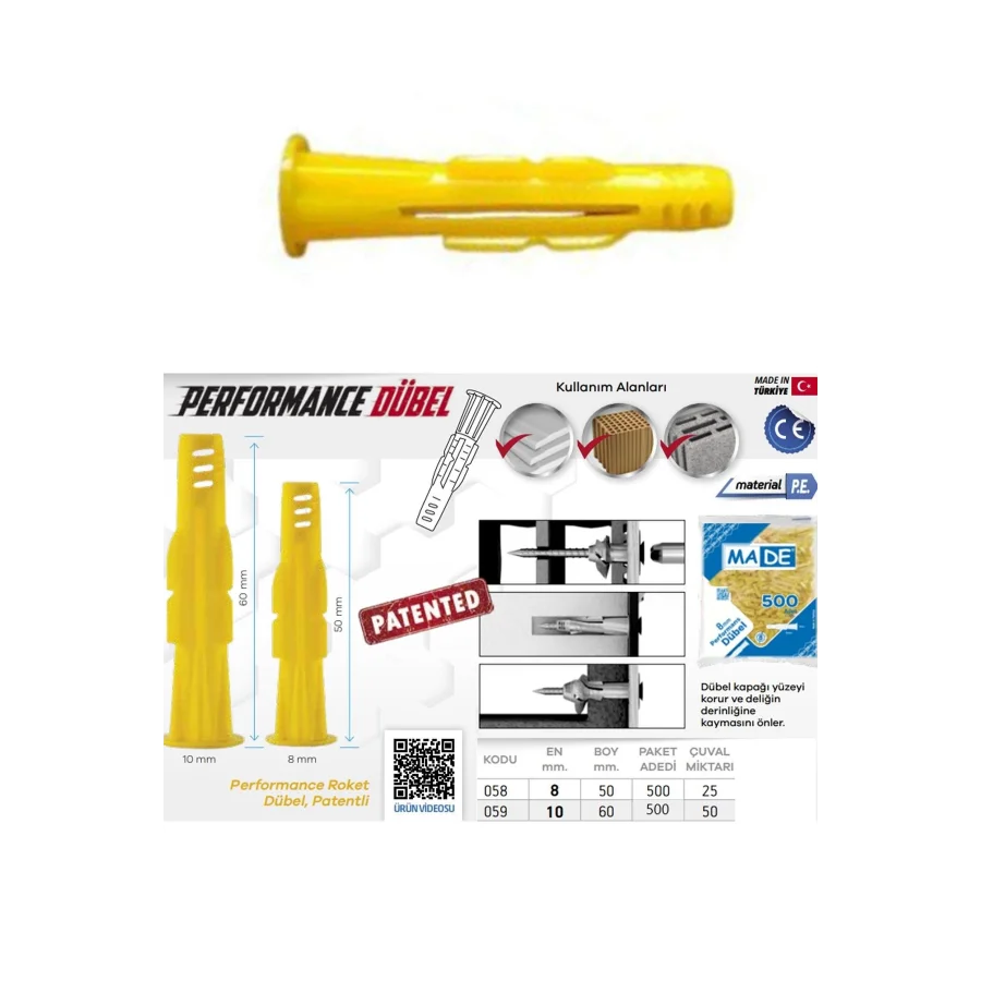 Made Performans 8 Mm Roket Dübel Paket 500 Adet