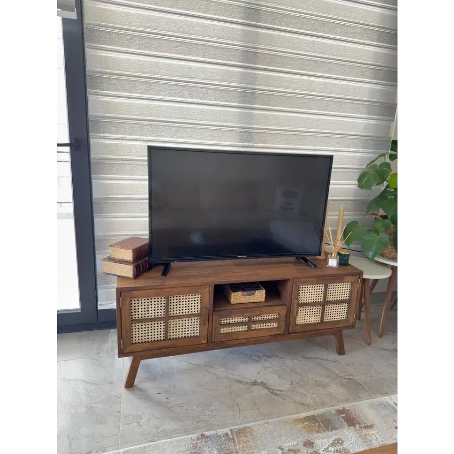 Masif Ahşap Koyu Ceviz Renk Tv Ünitesi 130x55x40 Cm