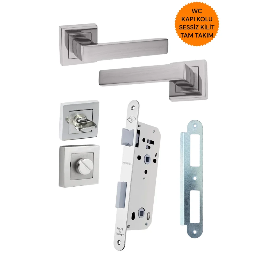 Max Avanti Rozetli Saten Kapı Kolu + Sessiz Kilit 40mm 2li Set WC