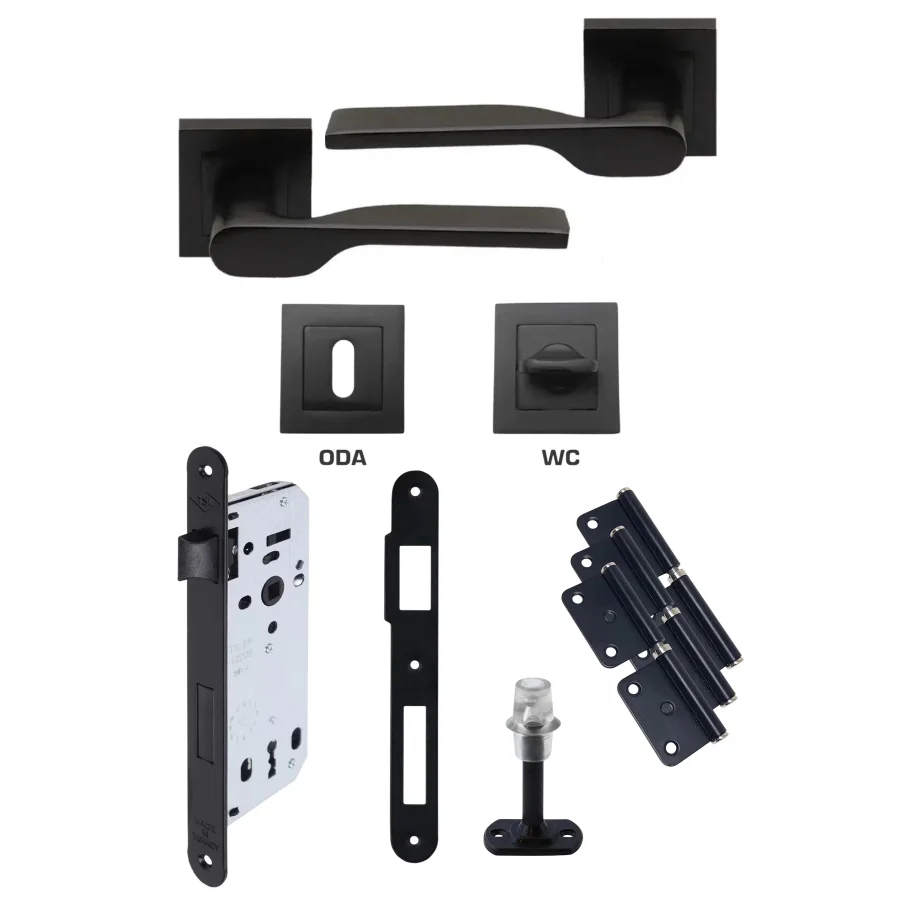 Max Firuze Siyah Rozetli Kapı Kolu Kilit Tam Set