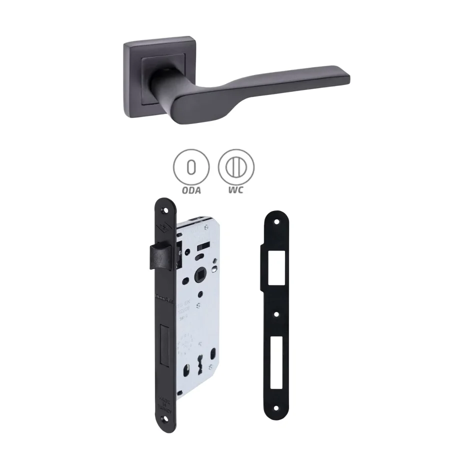 Max Firuze Siyah Rozetli Kapı Kolu + Siyah Kilit 40mm 2li Set