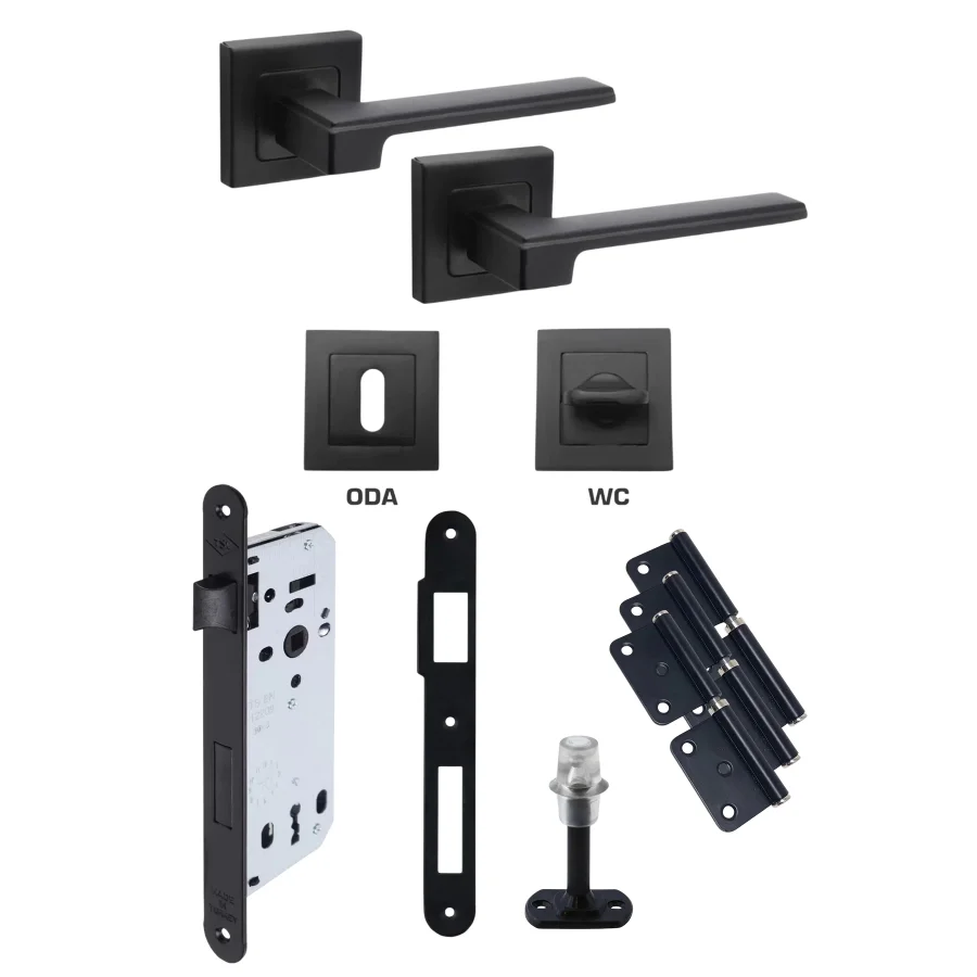 Max Panama Siyah Rozetli Kapı Kolu Kilit Tam Set