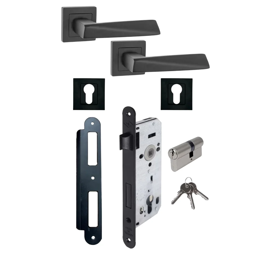 Max Penta Rozetli Siyah Yale Kapı Kolu Silindirli Kilit Takım