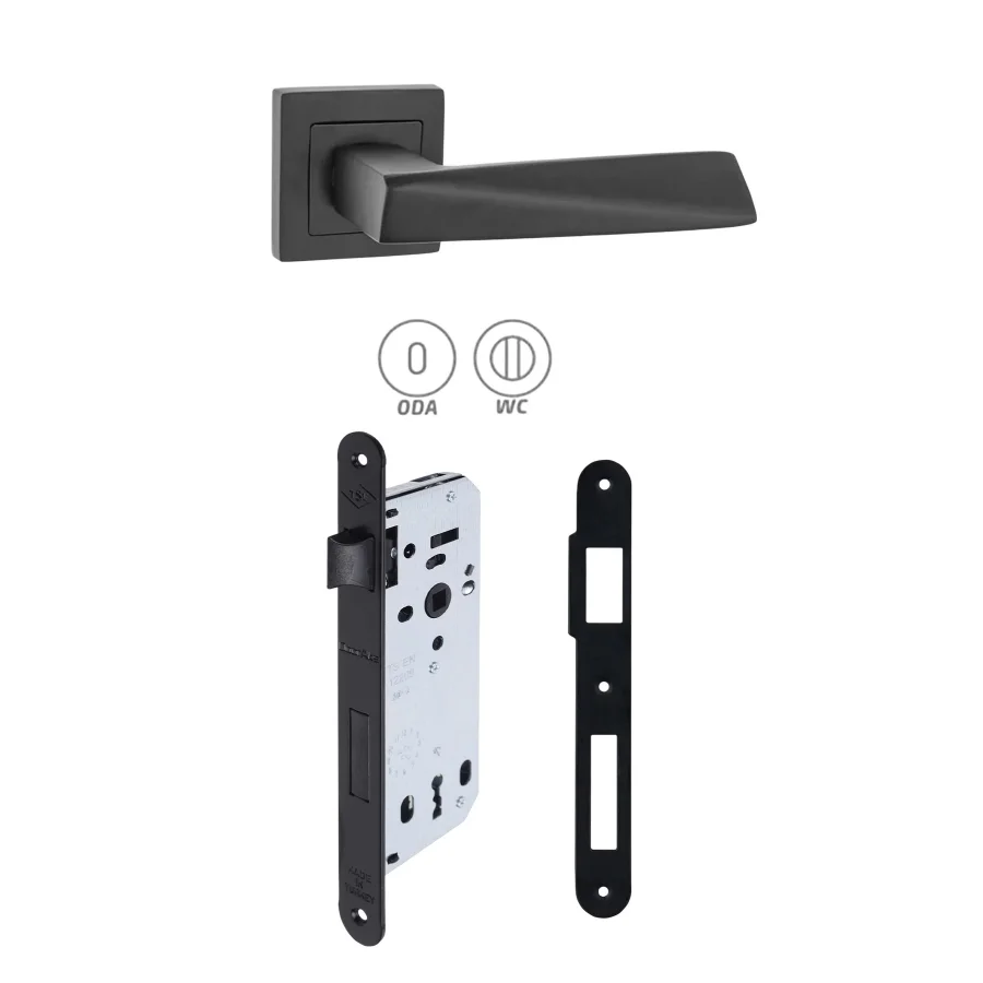 Max Penta Siyah Rozetli Kapı Kolu + Siyah Kilit 40mm 2li Set