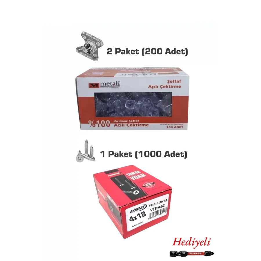 Metali Açılı Şeffaf Çektirme (200 Adet) + 4*18 Sunta Vidası (1000 Adet)