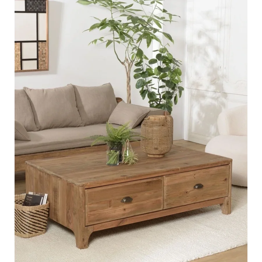 Retro Model Çekmeceli Masif Ahşap Orta Sehpa 120x40x70 Cm