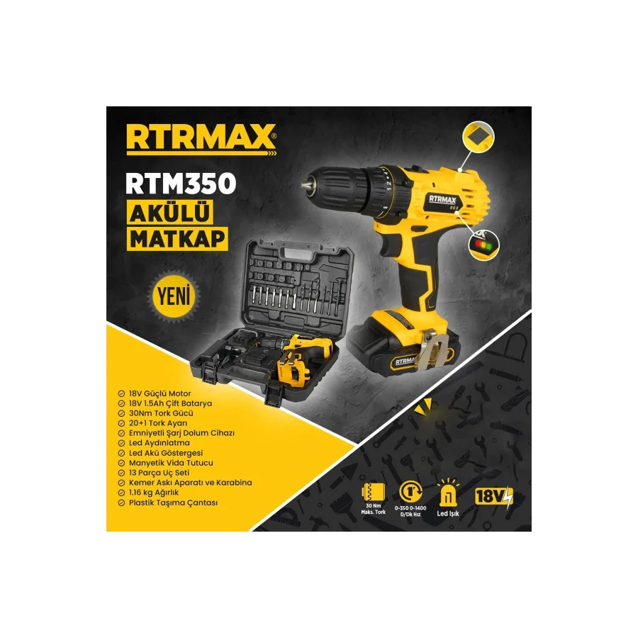RTRMAX RTM350 Şarjlı Matkap18V Lithium-ion Çift Akü 1.5 Ah