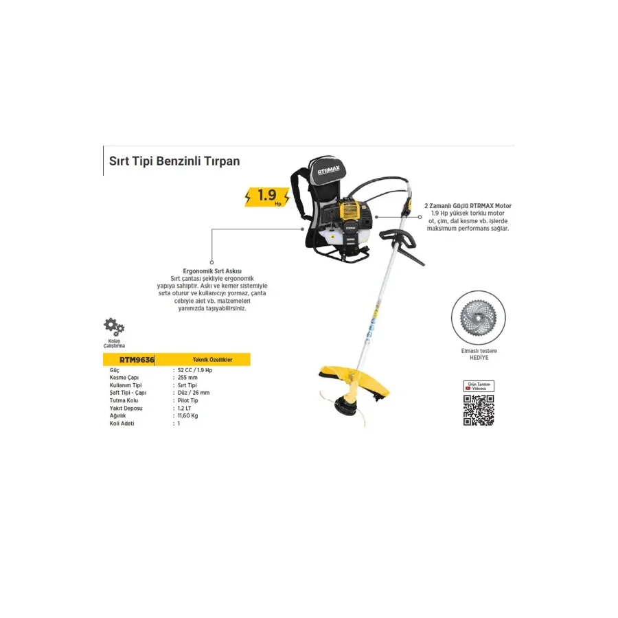 RTRMAX RTM9636 Benzinli Sırt Tip Tırpan