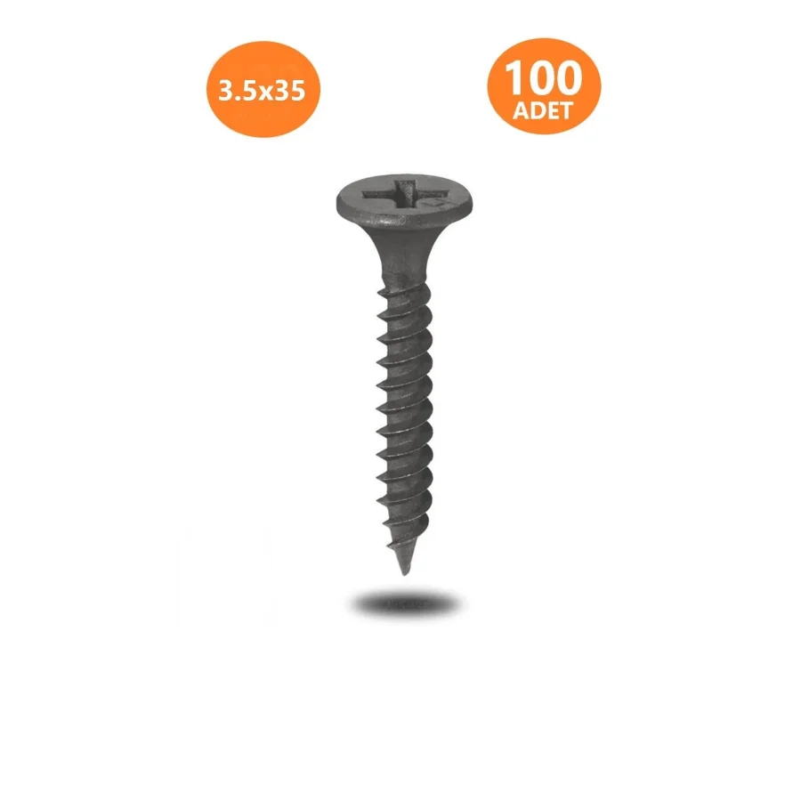 Sivri Uçlu Siyah Alçıpan Vidası 3.5x35 Sık Dişli Vida 100 Adet