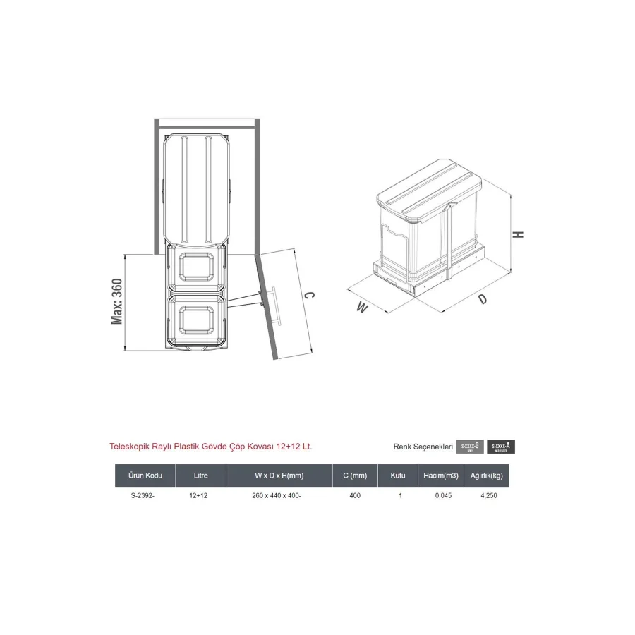 Starax Teleskopik Raylı Dolap İçi Çöp Kovası 12+12 Lt S-2392-G