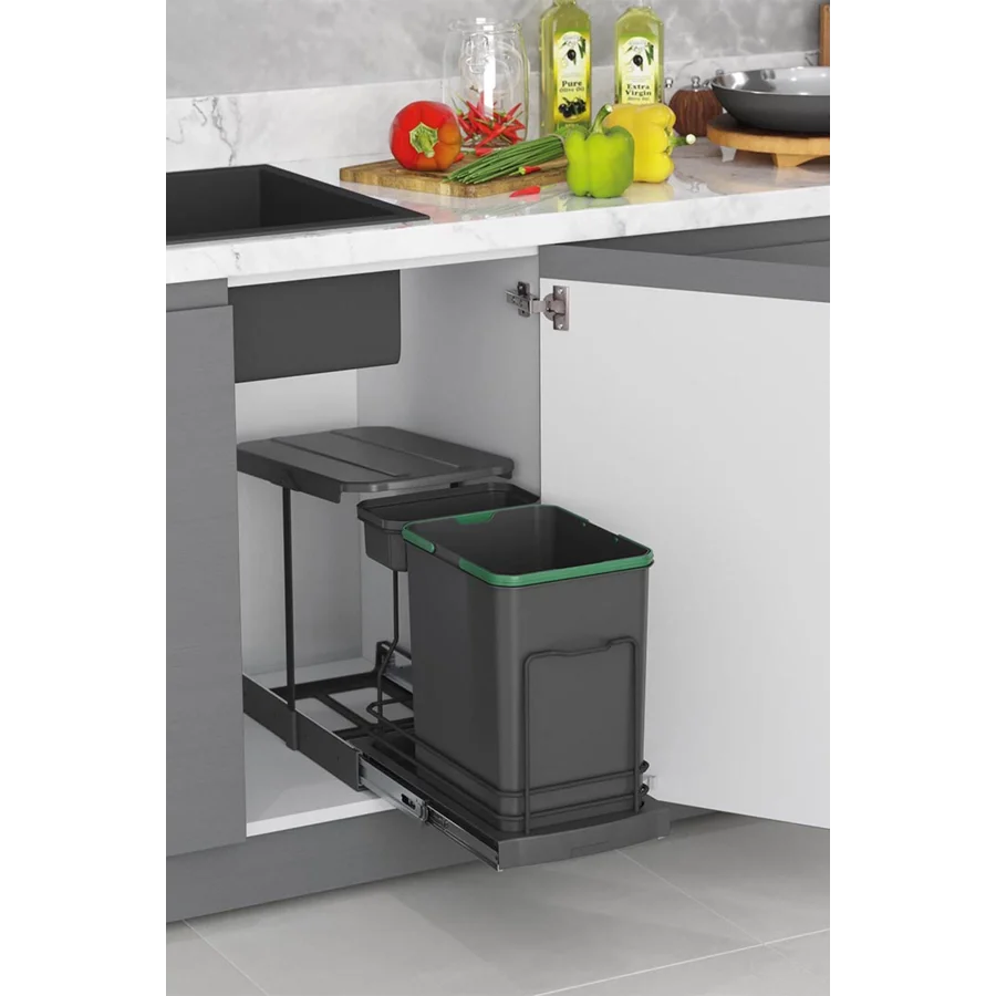 Starax Teleskopik Raylı Dolap İçi Çöp Kovası 16+1 lt. Antrasit S-2391-A