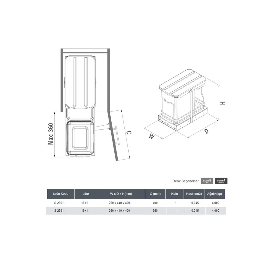Starax Teleskopik Raylı Dolap İçi Çöp Kovası 16+1 lt. Antrasit S-2391-A