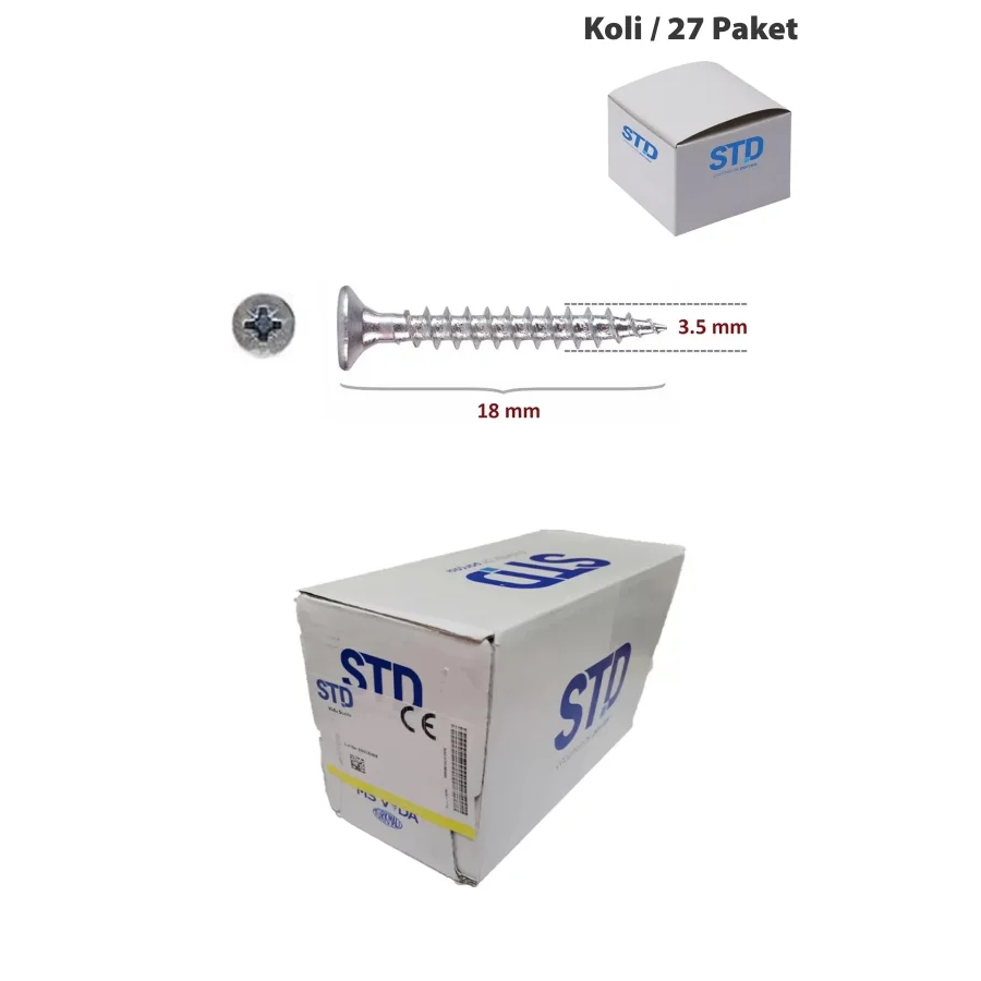 STD Ağaç ve Sunta Vidası 3.5x18 Koli 27 Paket