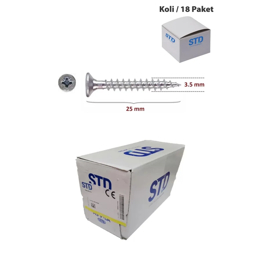 STD Ağaç ve Sunta Vidası 3.5x25 Koli 18 Paket
