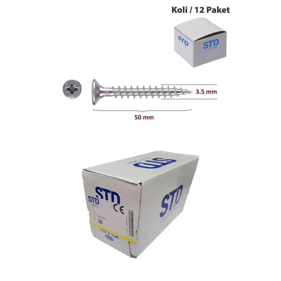 STD Ağaç ve Sunta Vidası 3.5x50 Koli 12 Paket