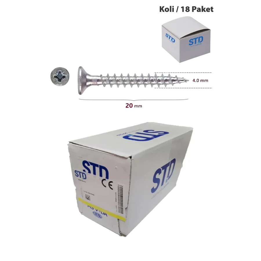 STD Ağaç ve Sunta Vidası 4x20 Koli 18 Paket