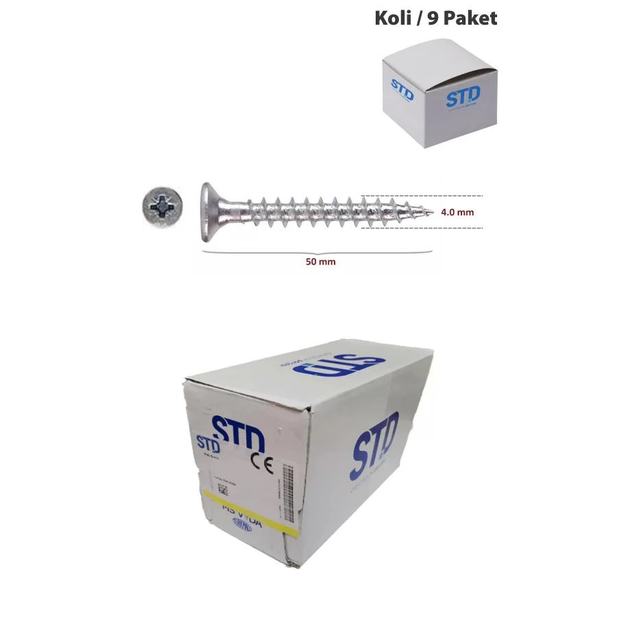 STD Ağaç ve Sunta Vidası 4x50 Koli 9 Paket