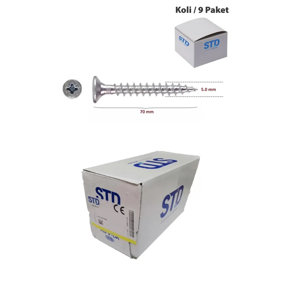 STD Ağaç ve Sunta Vidası 5x70 Koli 9 Paket