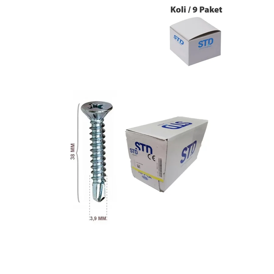 STD YHB Matkap Uçlu Akıllı Vida 3.9x38 Koli 9 Paket