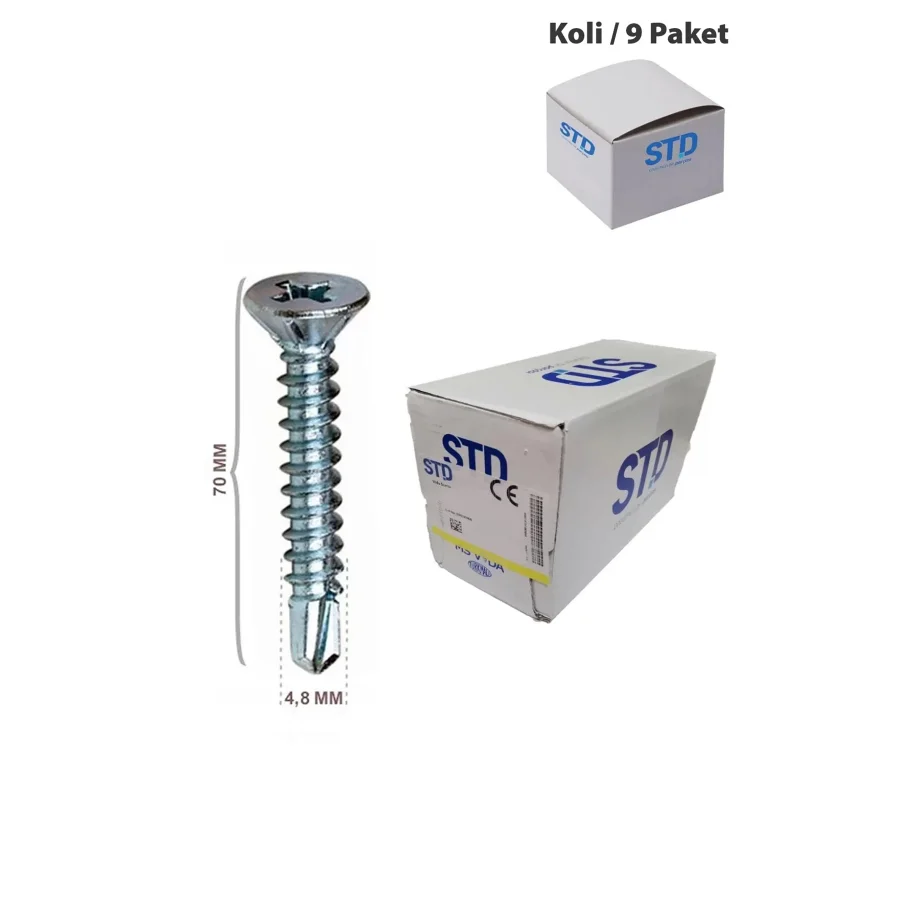 STD YHB Matkap Uçlu Akıllı Vida 4.8x70 Koli 9 Paket