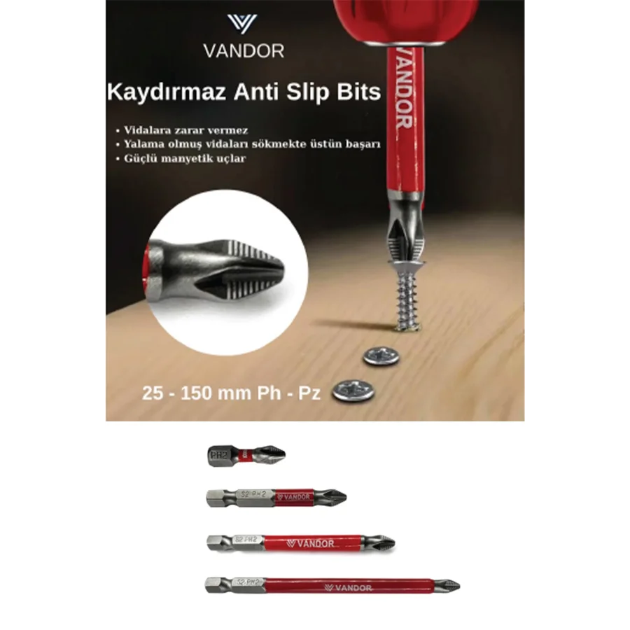 Vandor Kaydırmaz PZ2x100 Vidalama Ucu Bits Uç Kutu 10 Adet