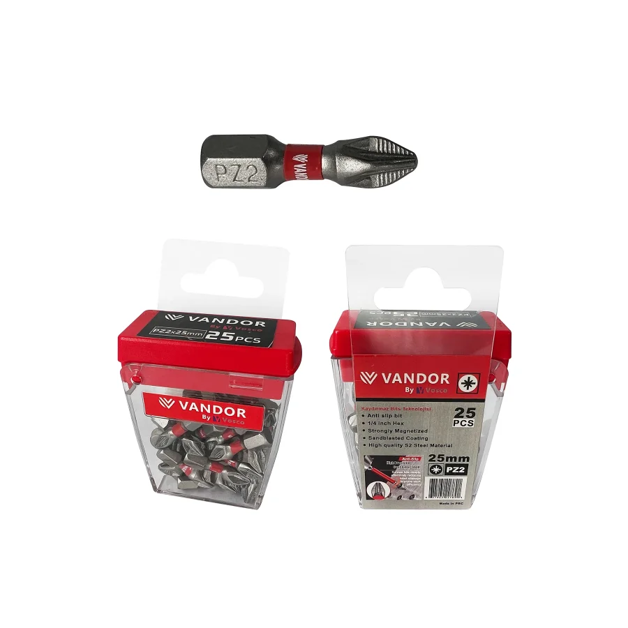 Vandor Kaydırmaz PZ2x25 Vidalama Ucu Bits Uç Kutu 25 Adet