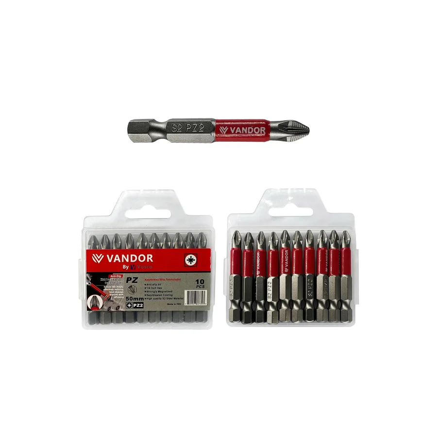 Vandor Kaydırmaz PZ2x50 Vidalama Ucu Bits Uç Kutu 10 Adet