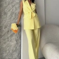 Bel Kuşaklı Yelek Palazzo Takım Sarı