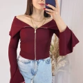 Bordo Fermuarlı İspanyol Kol Ottoman Bluz