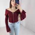 Bordo Fermuarlı İspanyol Kol Ottoman Bluz