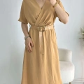 Camel Kravuze Yaka Keten Elbise
