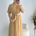 Camel Kravuze Yaka Keten Elbise