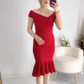 Kırmızı Çapraz Yaka Kolsuz Etek Ucu Valonlu Kalem Elbise