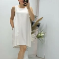Keten Kumaş Kolsuz Elbise Beyaz