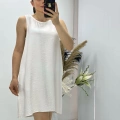Keten Kumaş Kolsuz Elbise Beyaz
