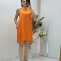 Keten Kumaş Kolsuz Elbise Turuncu