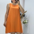 Keten Kumaş Kolsuz Elbise Turuncu