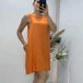 Keten Kumaş Kolsuz Elbise Turuncu