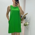 Keten Kumaş Kolsuz Elbise Yeşil